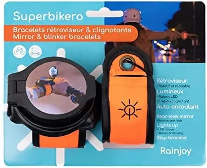 [DIV-ACC-015] Superbikero Bracelets rétroviseur et clignotants pour vélo et trottinette. Deux bracelets lumineux signal fixe ou clignotant dont un bracelet avec rétroviseur intégré.
